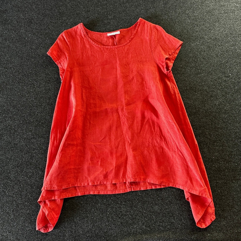 Bryn Walker Red Linen Sharkbite Hem Tunic Top Short Sleeve XS Made in USA